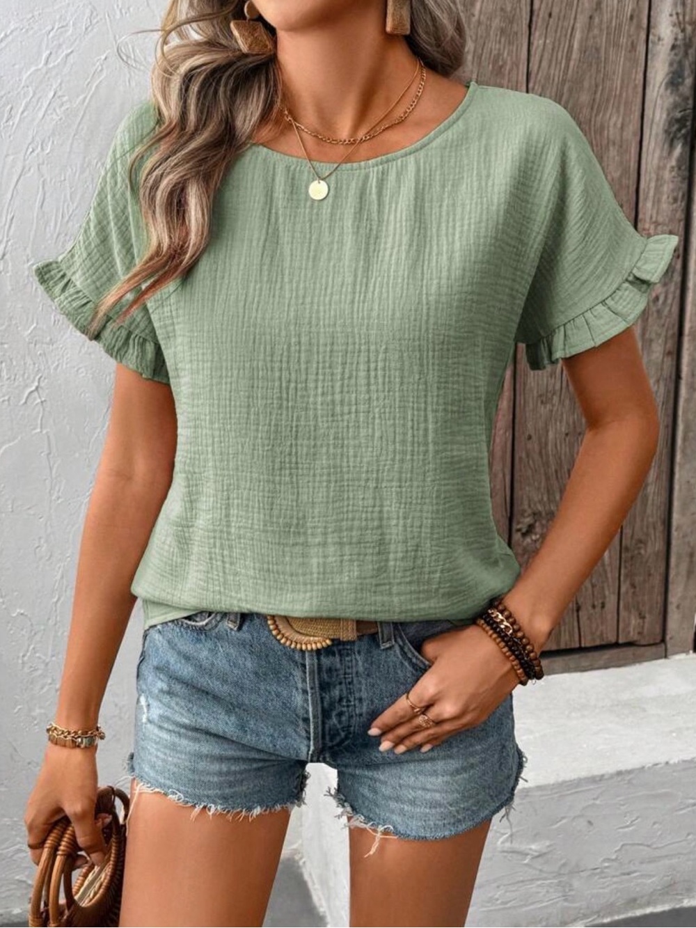 SHEIN Sage Green Ruffle Short Sleeve Tee
